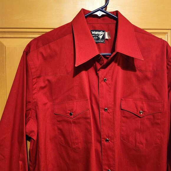 Vintage 80s Wrangler 17.5 X 36 Long Tail Cowboy Cut Red Western Shirt Pearl Snap - Picture 5 of 8